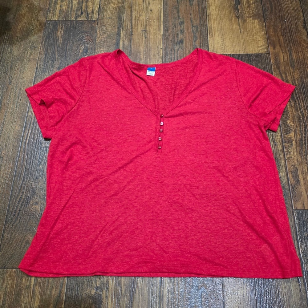 Old Navy Henley Top Button Front Short Sleeve Casual Red Linen Blend L‎